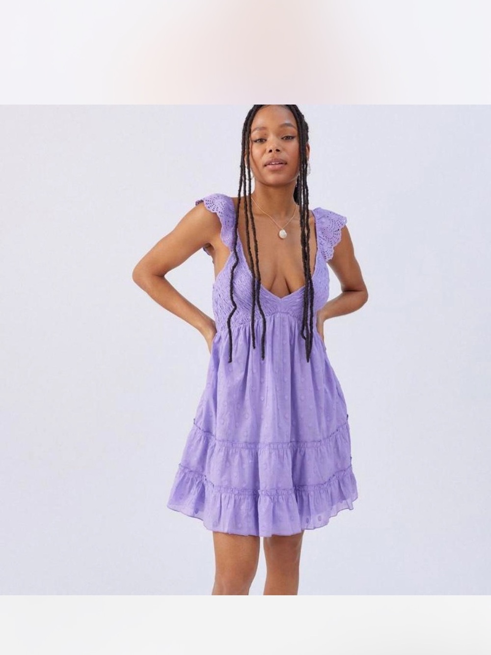 Urban Outfitters Lilac Eyelet Mini Dress with Ruffled Shoulders